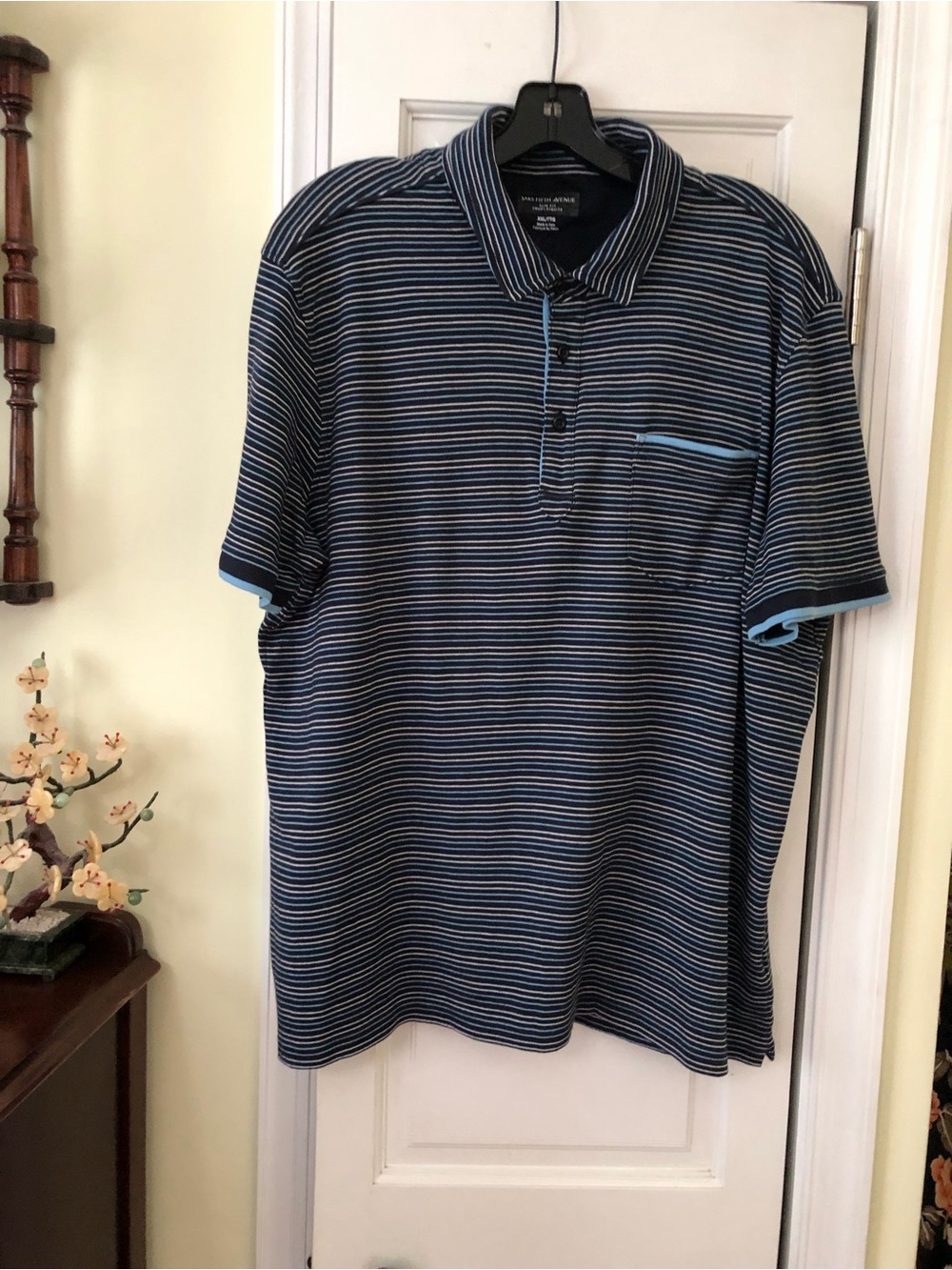 Saks Fifth Avenue Navy and Light Blue Striped Polo. Listed as xxl